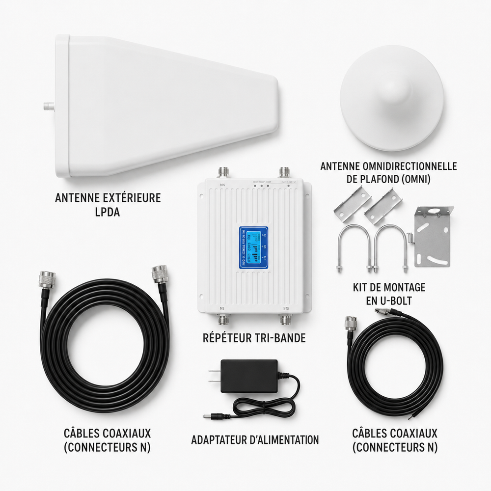 Amplificateur Signal Mobile Tri-Band 4G/5G – Kit Complet Antennes + Câbles